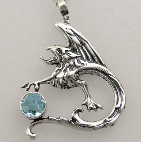 Sterling Silver Tattoo Dragon Pendant With Blue Topaz